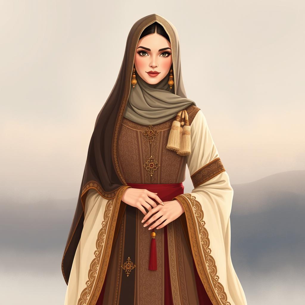 An inspiring illustration of a woman dressed in an elegant, traditional outfit inspired by the historical and cultural attire of Rufaida Al-Aslamiyah, combining rich textures and colors