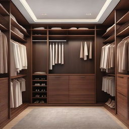 A spacious, well-organised closet room that has a ceiling height of 260 cm. The room, made of rich, brown wood, includes a specific area for long dresses. The remaining sections are filled with neatly arranged clothes, shoes, and accessories.