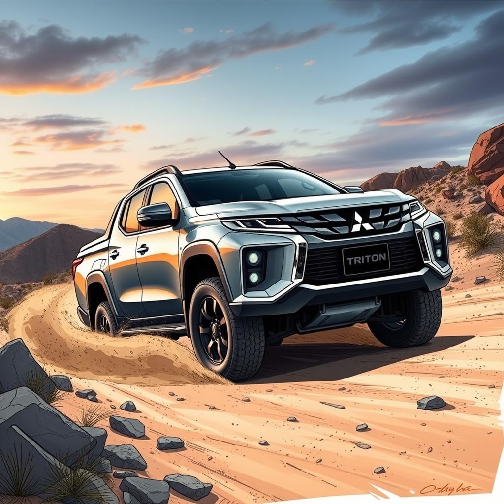 A highly detailed and dynamic drawing of the 2024 Mitsubishi Triton in an off-road setting