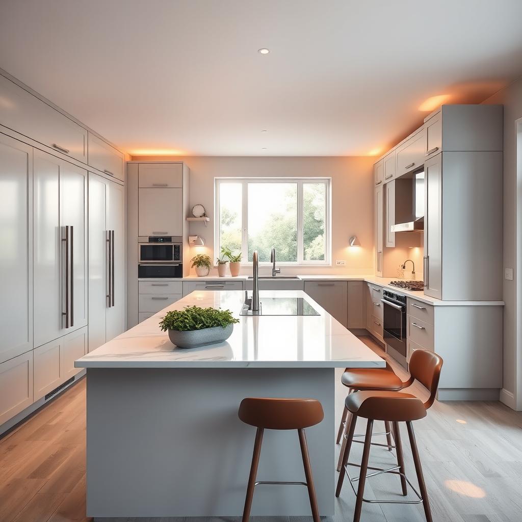 A modern kitchen featuring sleek wardrobes and cabinets, spacious layout with a central island, elegant quartz countertops, stainless steel appliances, warm ambient lighting, and stylish bar stools