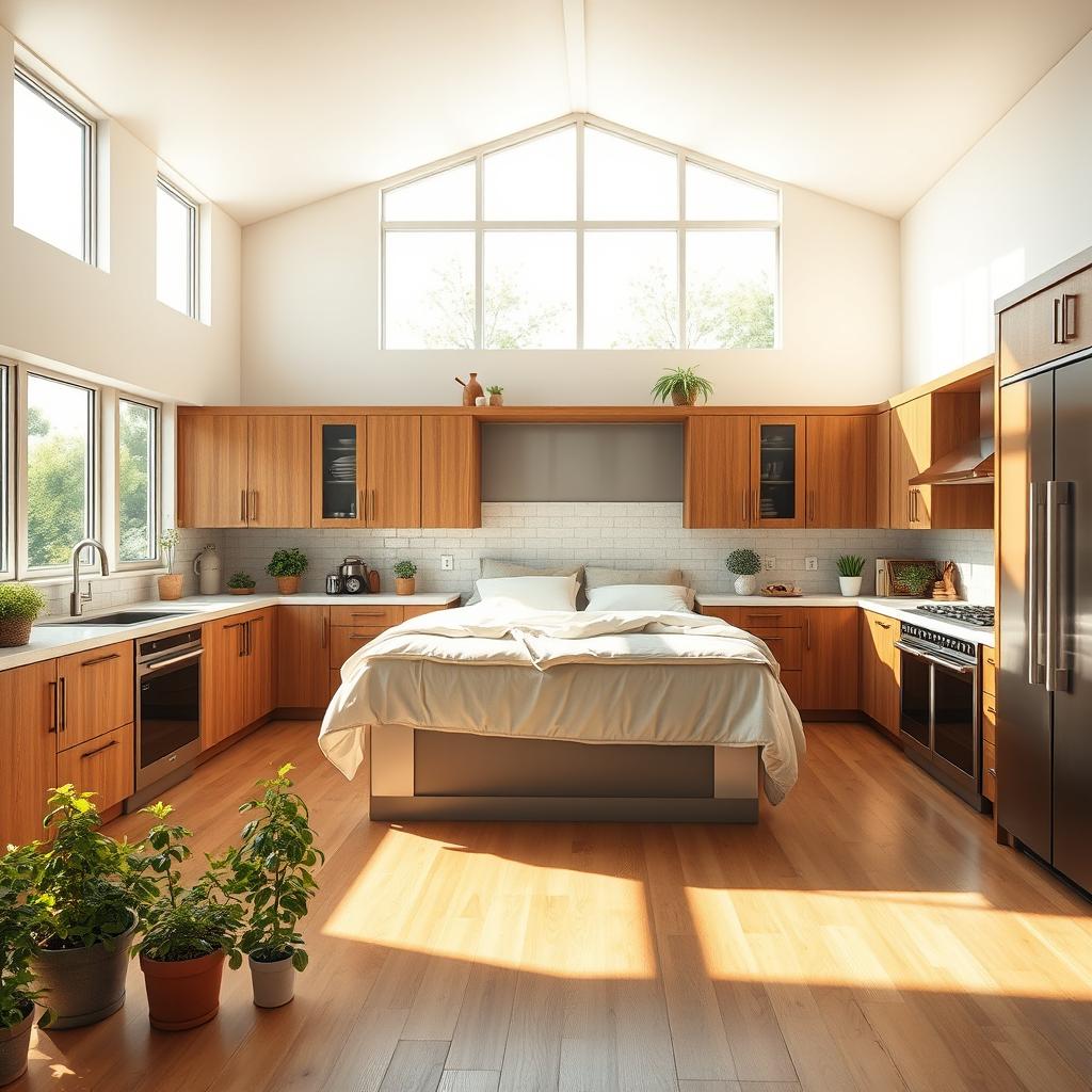 A large, cozy kitchen featuring a king-size bed seamlessly integrated into the design