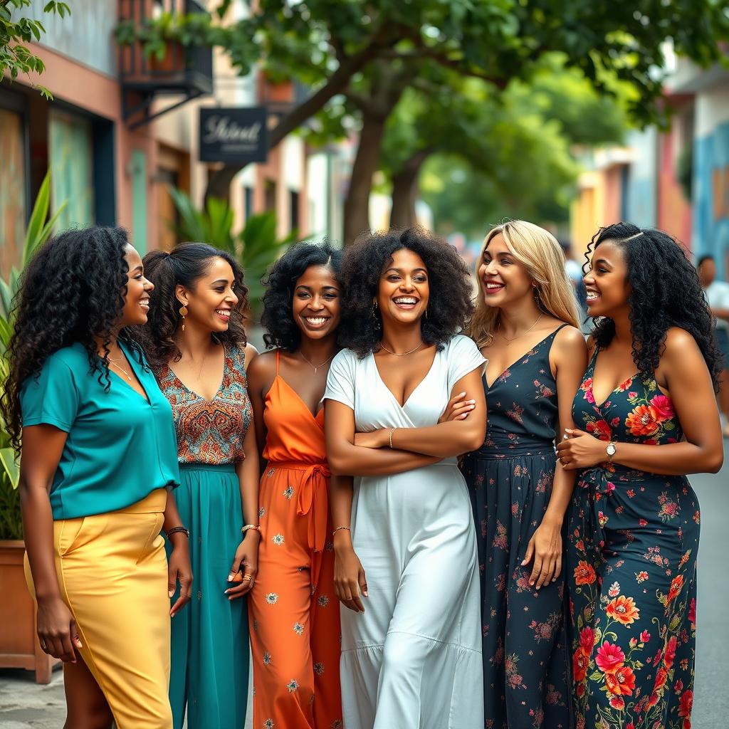 A group of diverse women in an urban setting, showcasing different cultures and styles