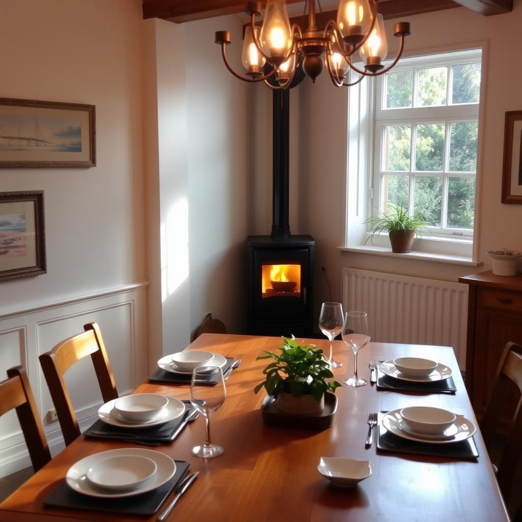 A cozy dining area featuring a modern, stylish stove in the corner, surrounded by a warm wooden table set for a meal