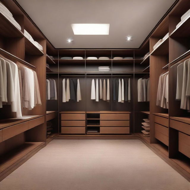 A spacious, well-organised closet room that has a ceiling height of 260 cm. The room, made of rich, brown wood, includes a specific area for long dresses. The remaining sections are filled with neatly arranged clothes, shoes, and accessories.