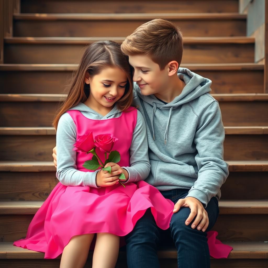 A boy and a girl sitting closely on a set of stairs