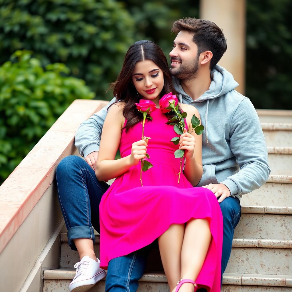 A romantic scene depicting a man and a woman sitting on a stairway