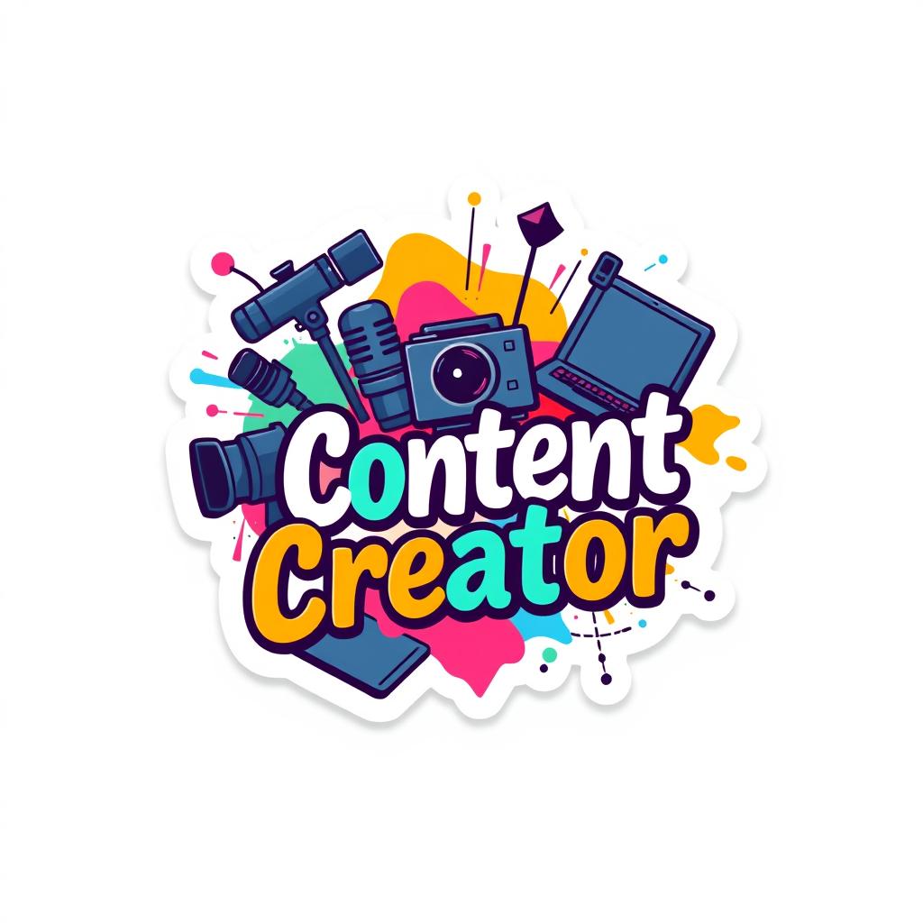 A vibrant and eye-catching sticker design for a content creator, featuring various multimedia elements such as a camera, microphone, and laptop
