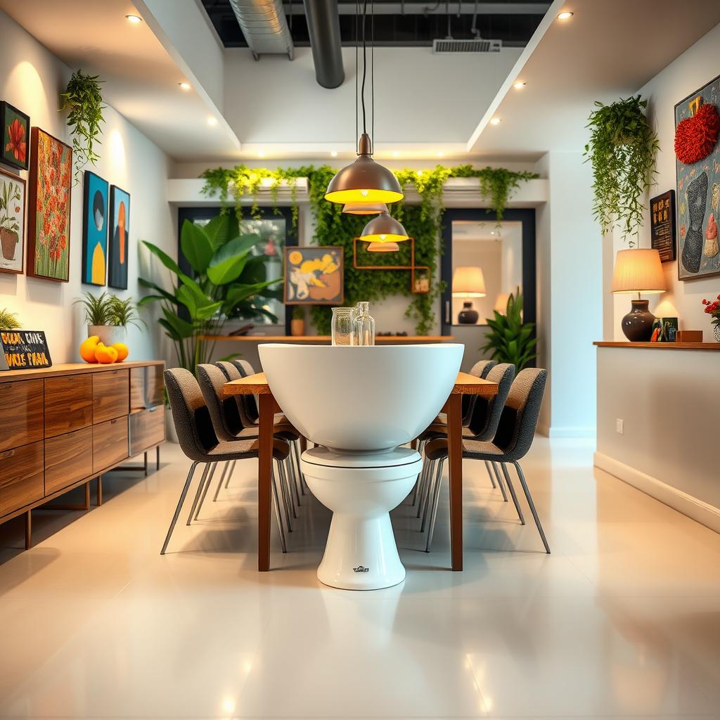 A modern dining area featuring a unique and quirky design, prominently displaying a stylish toilet bowl as an unconventional centerpiece