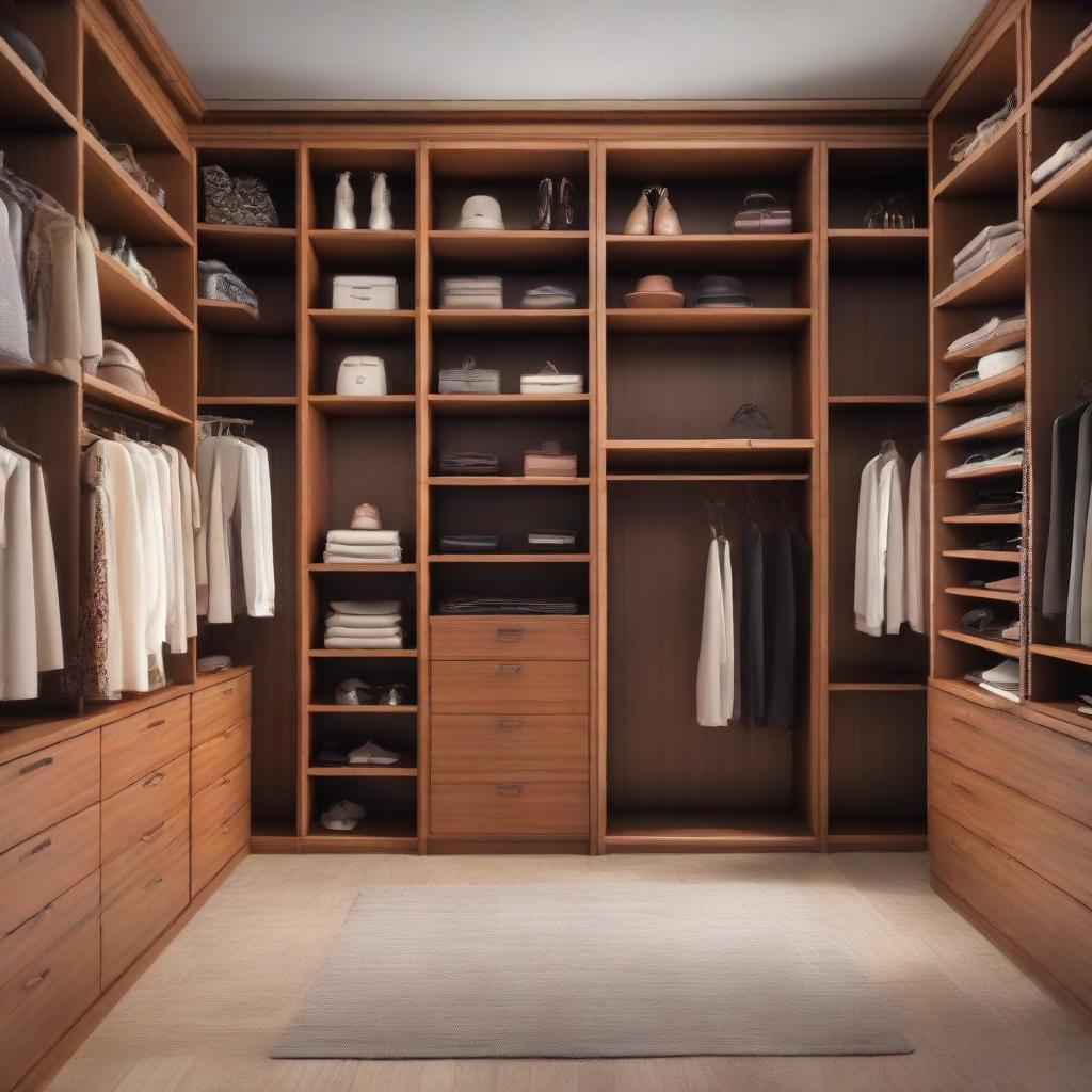 A spacious, well-organised closet room that has a ceiling height of 260 cm. The room, made of rich, brown wood, includes a specific area for long dresses. The remaining sections are filled with neatly arranged clothes, shoes, and accessories.