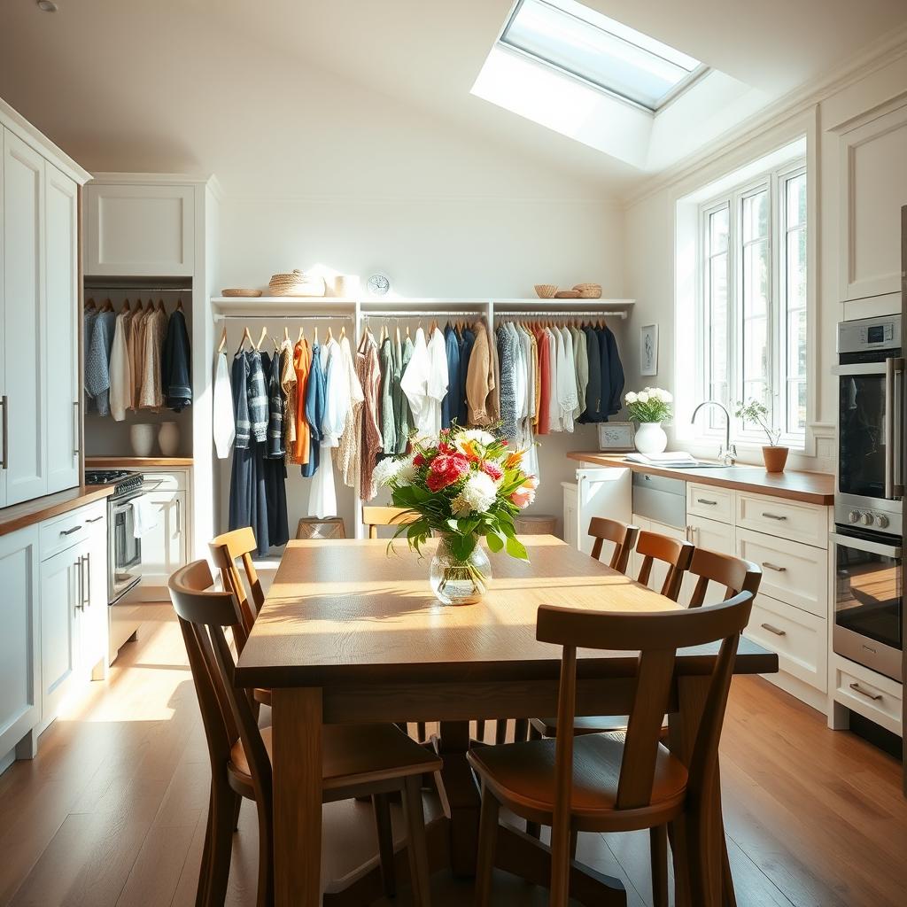 A bright and airy kitchen featuring a beautiful wooden dining table with fresh flowers, surrounded by stylish chairs