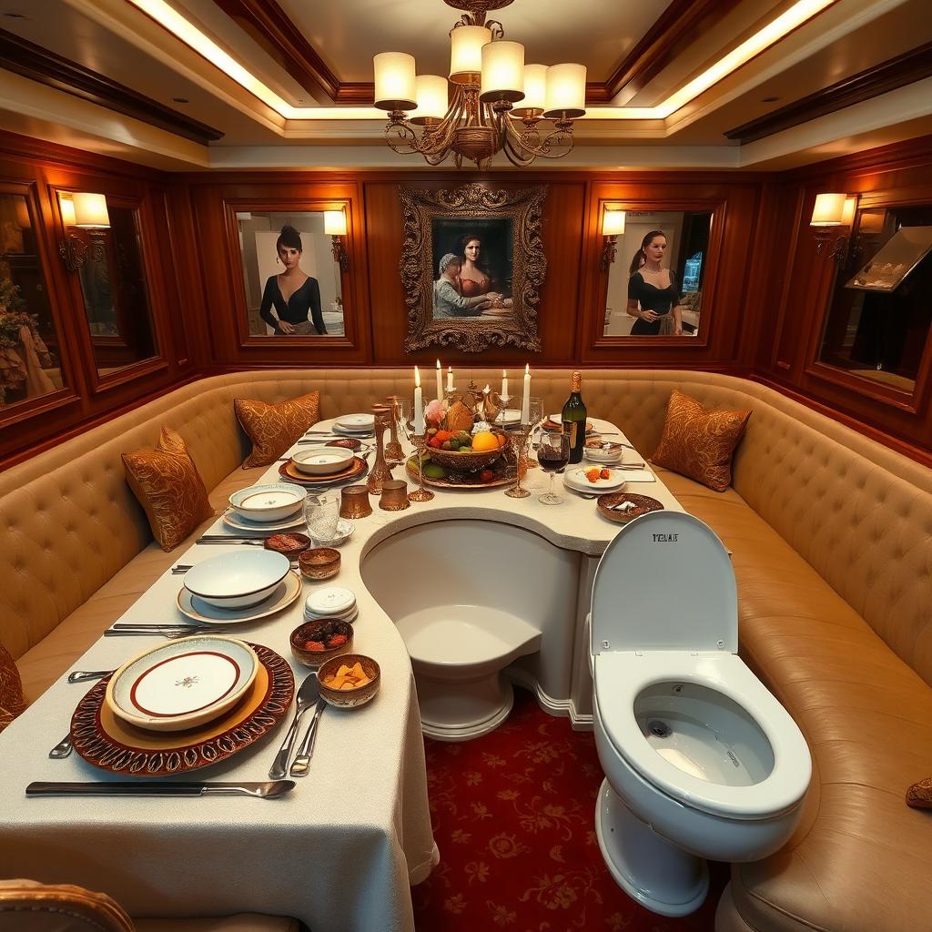 A unique dining area featuring a lavish table set for a feast, with an open toilet bowl integrated artistically in the corner