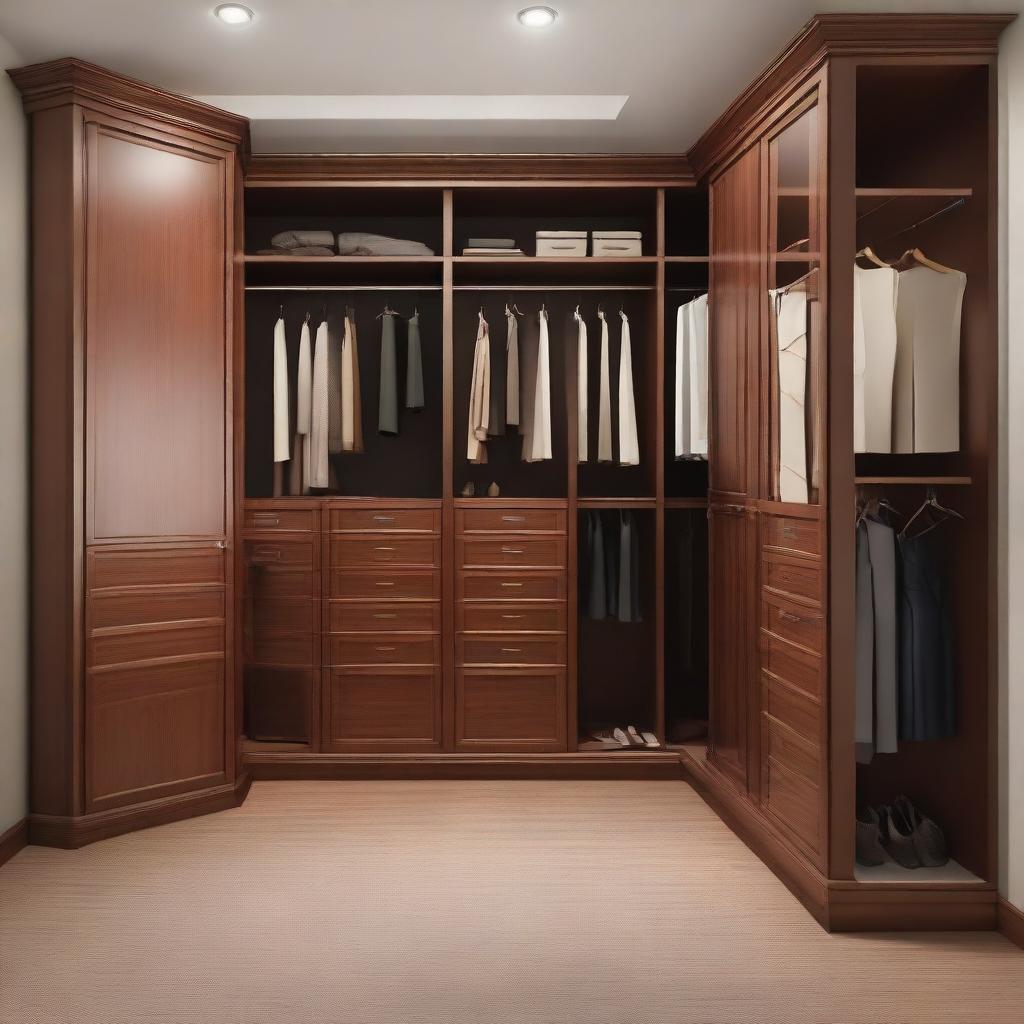 A spacious, well-organised closet room, with a height of 260 cm, fitted with rich, brown wood and a set of elegant doors. The room has a specific area for long dresses and the remaining areas are neatly arranged with various attire and accessories.