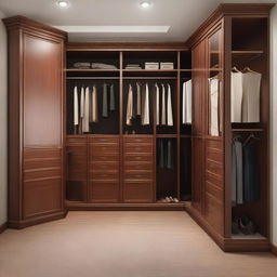 A spacious, well-organised closet room, with a height of 260 cm, fitted with rich, brown wood and a set of elegant doors. The room has a specific area for long dresses and the remaining areas are neatly arranged with various attire and accessories.