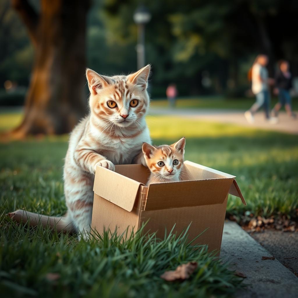 A touching scene in a park where a concerned mother cat places her ailing kitten inside a sturdy cardboard box