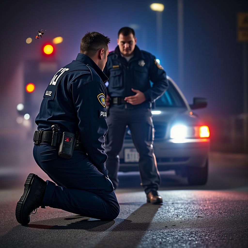 A dramatic night scene depicting a tense moment between a police officer and another officer