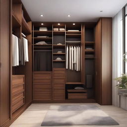 A spacious, well-organised closet room, with a height of 260 cm, fitted with rich, brown wood and a set of elegant doors. The room has a specific area for long dresses and the remaining areas are neatly arranged with various attire and accessories.