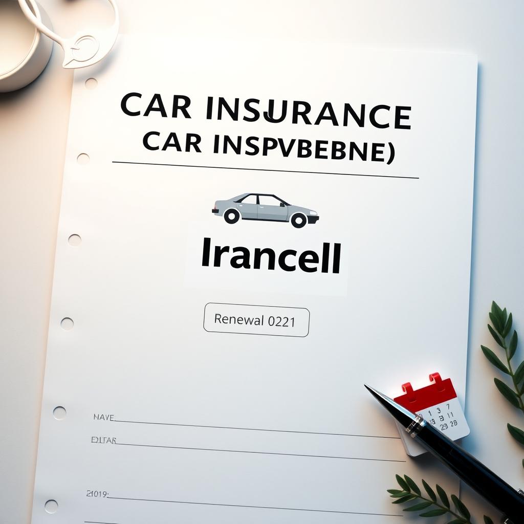 An artistic representation of a car insurance renewal document prominently featuring the logo of Irancell