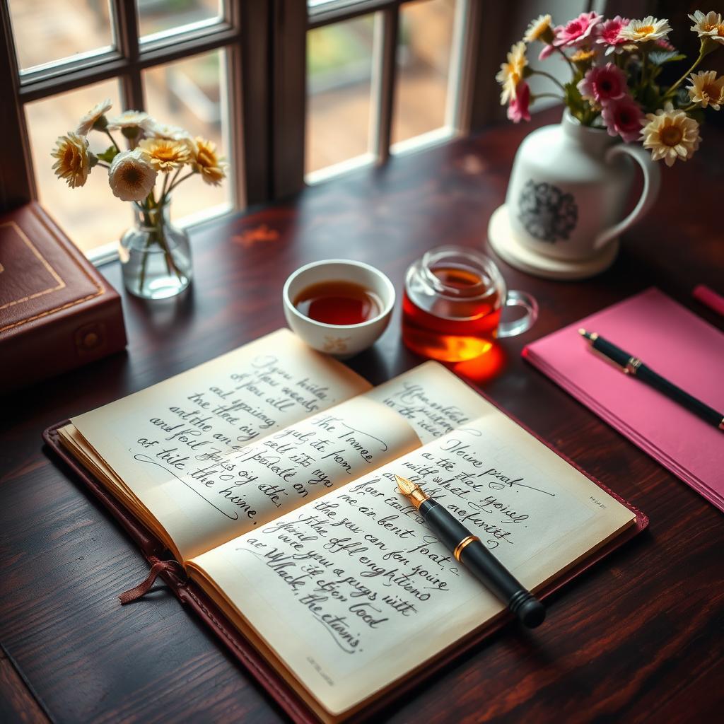 A visually captivating image featuring a beautifully arranged writing desk with luxurious materials, such as dark mahogany wood and vibrant colored stationery