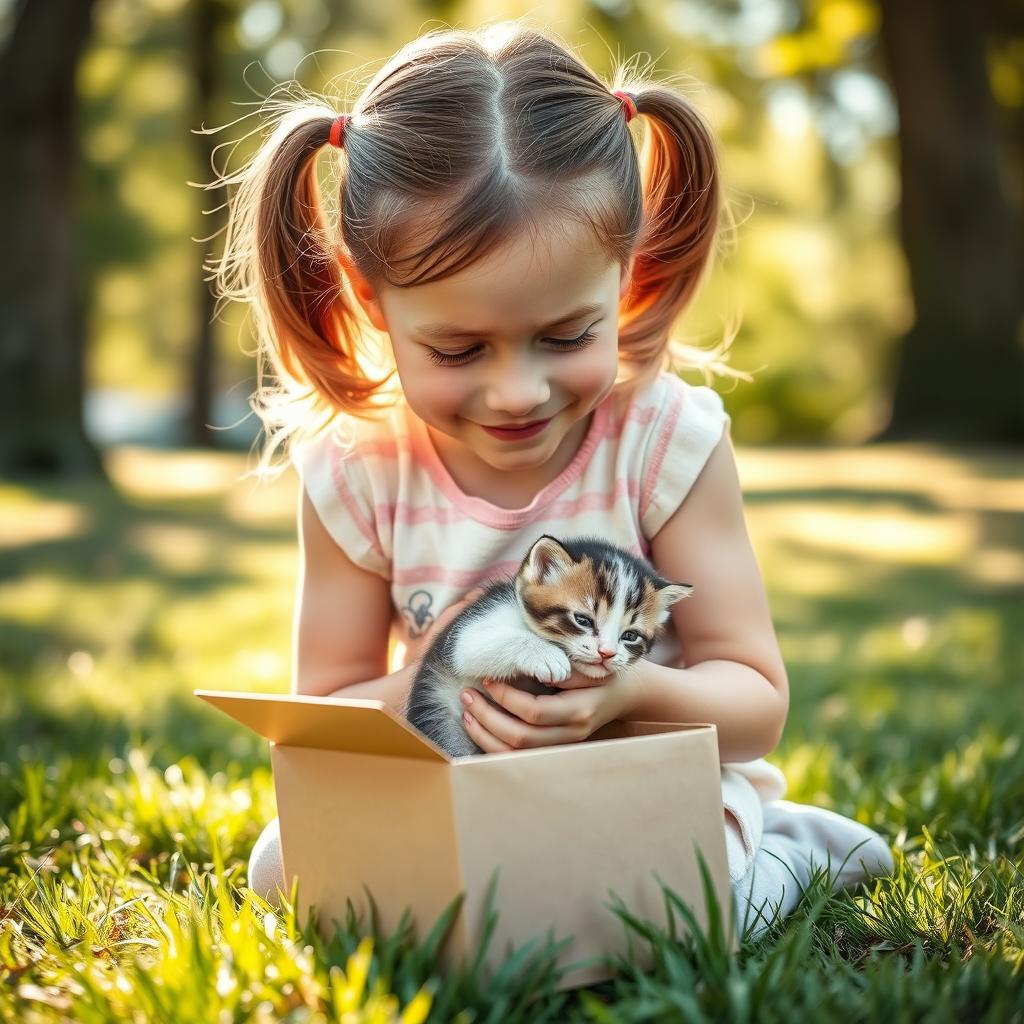 A heartwarming scene featuring a small girl about ten years old with pigtails and a gentle smile, kneeling down and looking inside a small box