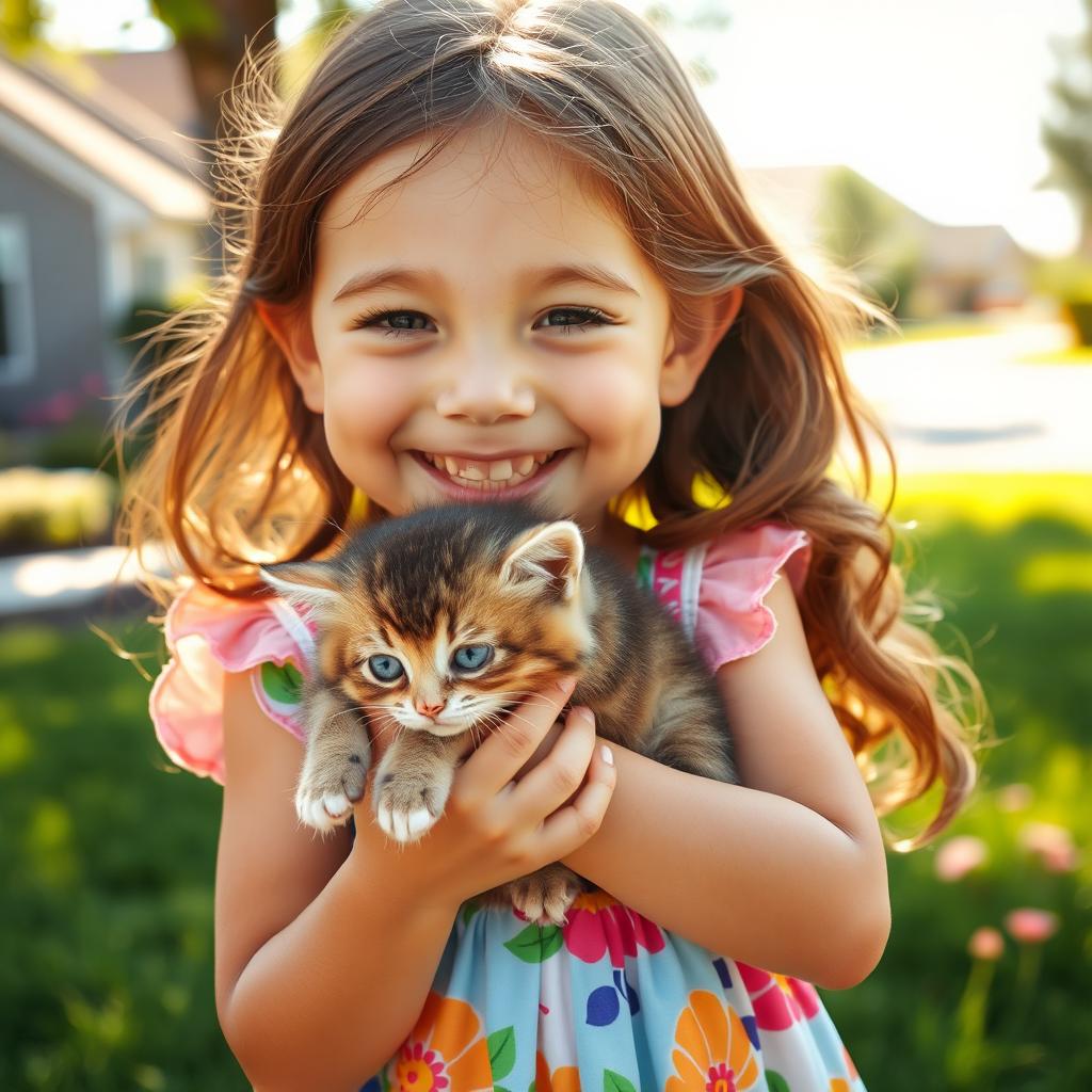 A joyful young girl, approximately 8 years old, with brown hair and a bright smile, gently lifting a small fluffy kitten, as if cradling a real baby