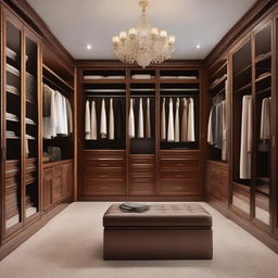 A spacious, well-organised closet room, with a height of 260 cm, fitted with rich, brown wood and a set of elegant doors. The room has a specific area for long dresses and the remaining areas are neatly arranged with various attire and accessories.