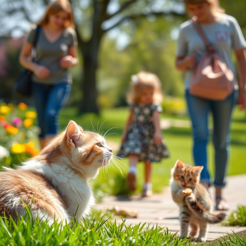 A heartwarming scene where a mother cat with soft fur watches lovingly as a girl and her mother walk away
