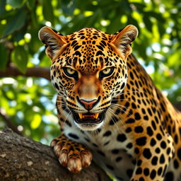 A striking portrait of an angry leopard, poised elegantly on a tree branch with its intense gaze fixed on the viewer