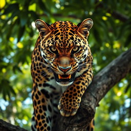 A striking portrait of an angry leopard, poised elegantly on a tree branch with its intense gaze fixed on the viewer