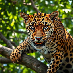A striking portrait of an angry leopard, poised elegantly on a tree branch with its intense gaze fixed on the viewer