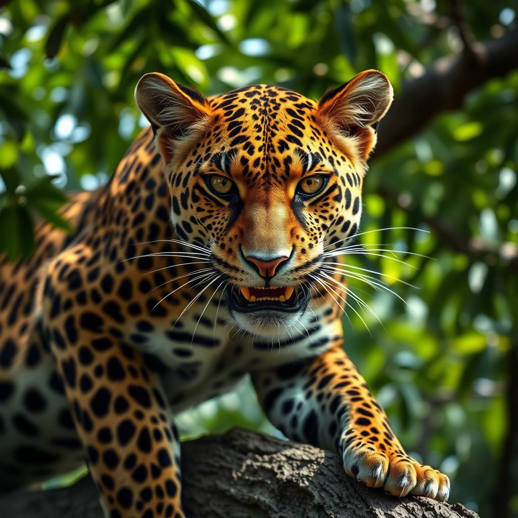 A striking portrait of an angry leopard, poised elegantly on a tree branch with its intense gaze fixed on the viewer