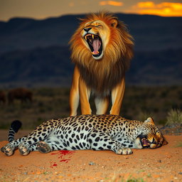 A dramatic scene showcasing an angry lion standing triumphantly over a defeated angry leopard