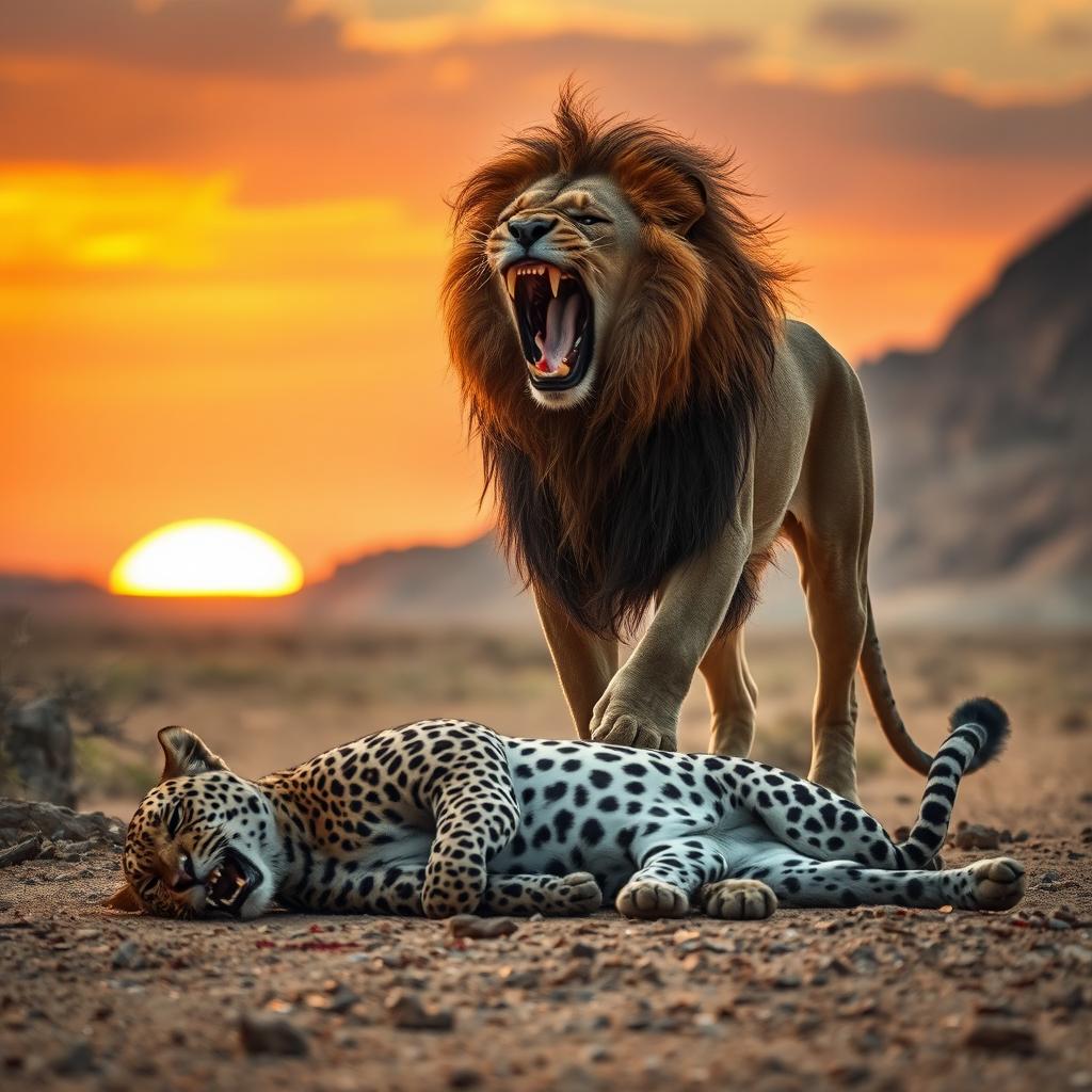 A dramatic scene showcasing an angry lion standing triumphantly over a defeated angry leopard