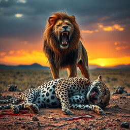 A dramatic scene showcasing an angry lion standing triumphantly over a defeated angry leopard