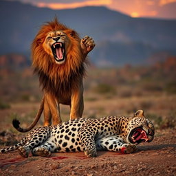A dramatic scene showcasing an angry lion standing triumphantly over a defeated angry leopard