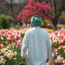 An Arab man in traditional white clothing with a green turban, walking in a garden filled with blooming narcissus flowers