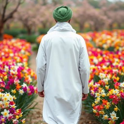 An Arab man in traditional white clothing with a green turban, walking in a garden filled with blooming narcissus flowers
