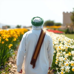 An Arab man in traditional white clothing with a green turban, walking in a garden filled with blooming narcissus flowers
