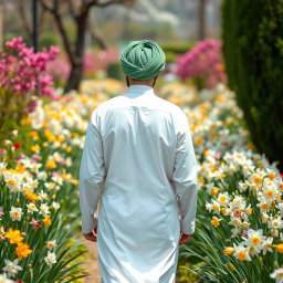 An Arab man in traditional white clothing with a green turban, walking in a garden filled with blooming narcissus flowers