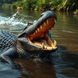 A vivid depiction of an angry crocodile, its powerful jaws wide open, displaying sharp teeth