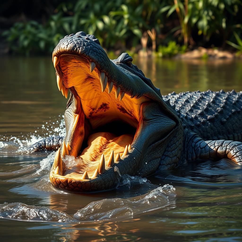 A vivid depiction of an angry crocodile, its powerful jaws wide open, displaying sharp teeth
