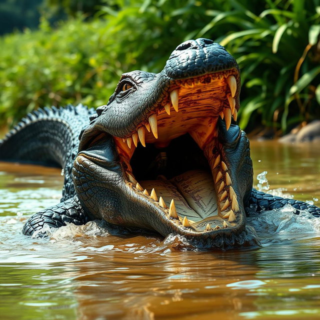 A vivid depiction of an angry crocodile, its powerful jaws wide open, displaying sharp teeth
