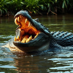 A vivid depiction of an angry crocodile, its powerful jaws wide open, displaying sharp teeth