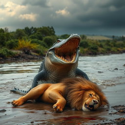 A powerful scene depicting an angry crocodile standing over the defeated body of an angry lion