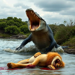 A powerful scene depicting an angry crocodile standing over the defeated body of an angry lion