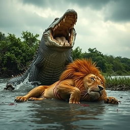 A powerful scene depicting an angry crocodile standing over the defeated body of an angry lion
