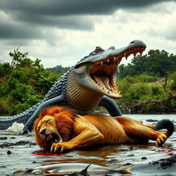 A powerful scene depicting an angry crocodile standing over the defeated body of an angry lion