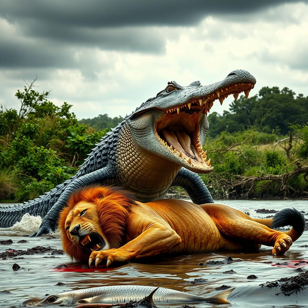 A powerful scene depicting an angry crocodile standing over the defeated body of an angry lion