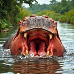 An intense portrayal of an angry hippopotamus, showcasing its massive jaws wide open, revealing large teeth and a powerful demeanor