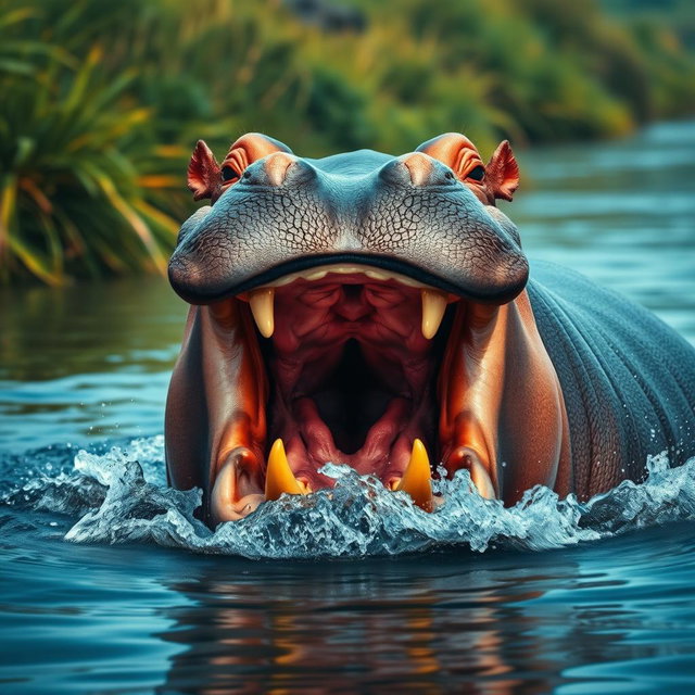 An intense portrayal of an angry hippopotamus, showcasing its massive jaws wide open, revealing large teeth and a powerful demeanor