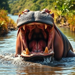 An intense portrayal of an angry hippopotamus, showcasing its massive jaws wide open, revealing large teeth and a powerful demeanor